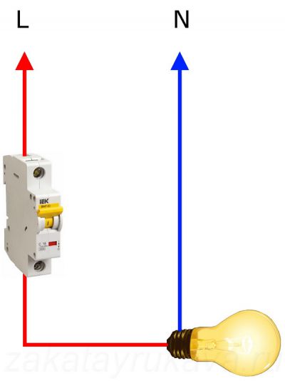 Схема подключения автоматического выключателя (автомата) в цепь питания лампы накаливания.