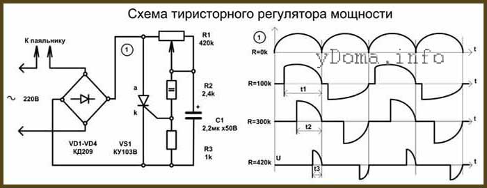 Схема классического тиристорного регулятора температуры паяльника