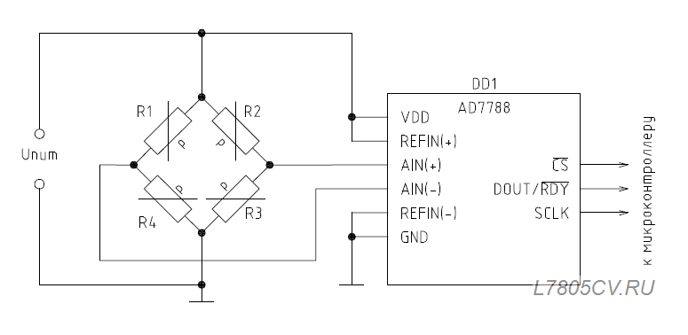 Базовая схема подключения тензорезисторов к AD7788