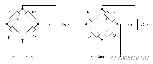 Схема включение тензорезисторов в полумост
