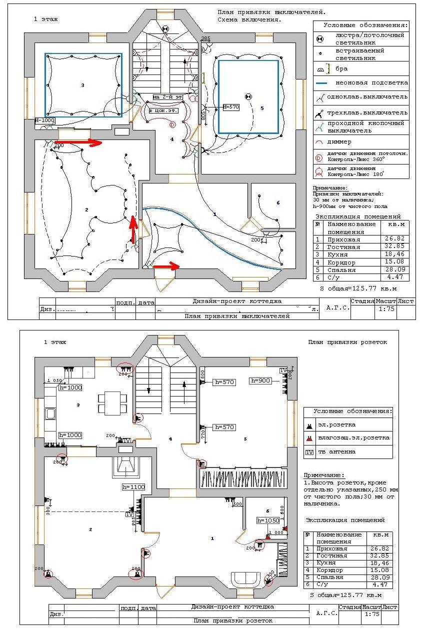 План монтажа компонентов системы электропитания в двухэтажном коттедже