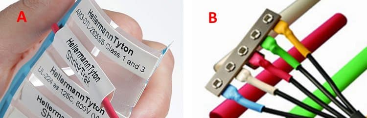 Пример цифровой (А) и цветовой (В) маркировки с использованием термоусадки для проводов