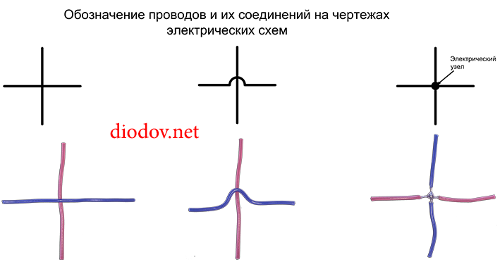 Обозначение проводов и их соединений на чертежах электрических схем