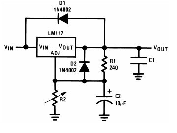 Схема включения LM317 с двумя диодами D1 и D2. 