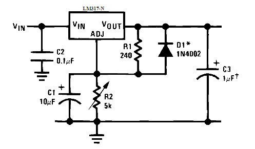 Схема включения микросхемы LM317 с конденсатором, включенным параллельно переменному резистору. 