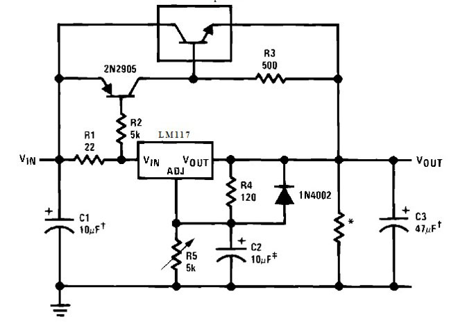 Схема включения LM317 с внешним транзисторм. 