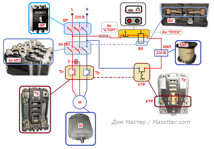Схема подключения асинхронного двигателя, через магнитный пускатель и сеть 220В
