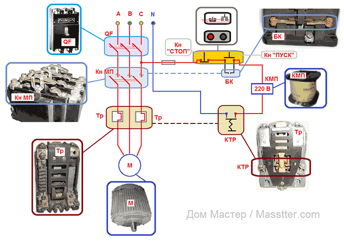 Схемы подключения МП (или КМ) с катушкой на 220В