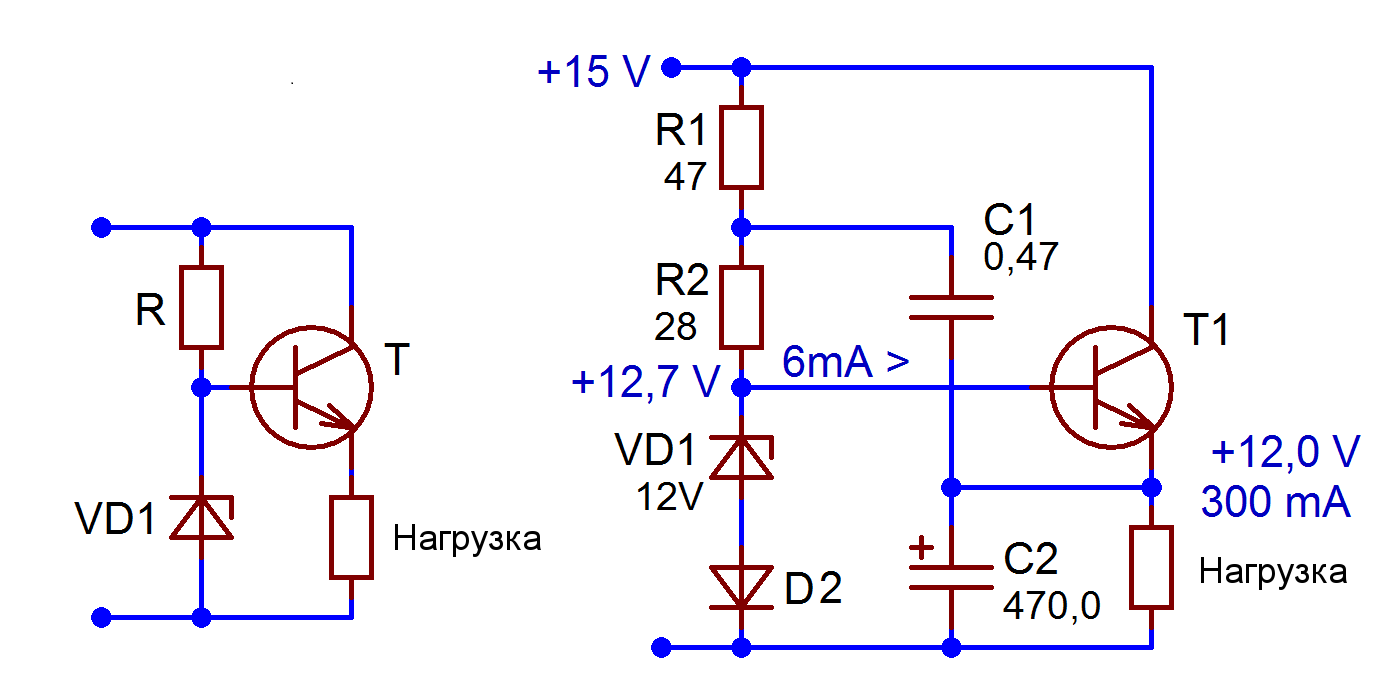 Регулирующий стабилитрон. Стабилитрон схема включения с транзистором. Стабилитрон на транзисторах схема. Аналог мощного стабилитрона на транзисторе схема. Стабилитрон 12 вольт схема включения.
