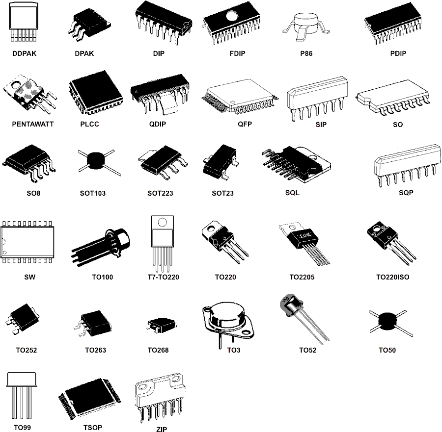 Разнообразные корпуса транзисторов.